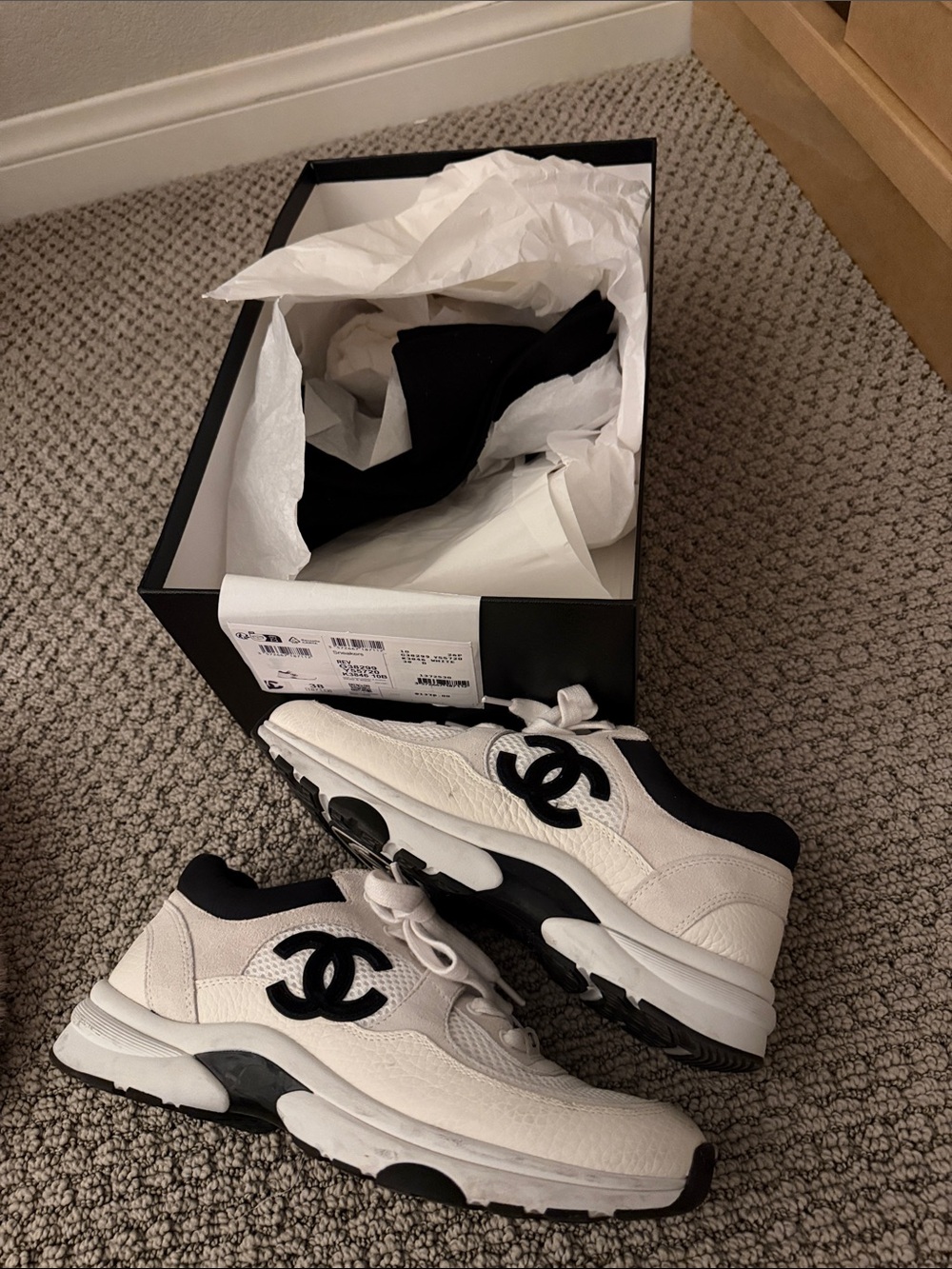 CHANEL White and Black CC Logo Sneakers